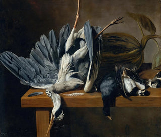 Nature morte avec un héron cendré et d'autres oiseaux sur un rebord - Dirck de Horn — artwork view
