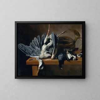 Nature morte avec un héron cendré et d'autres oiseaux sur un rebord - Dirck de Horn — framed artwork on a wall