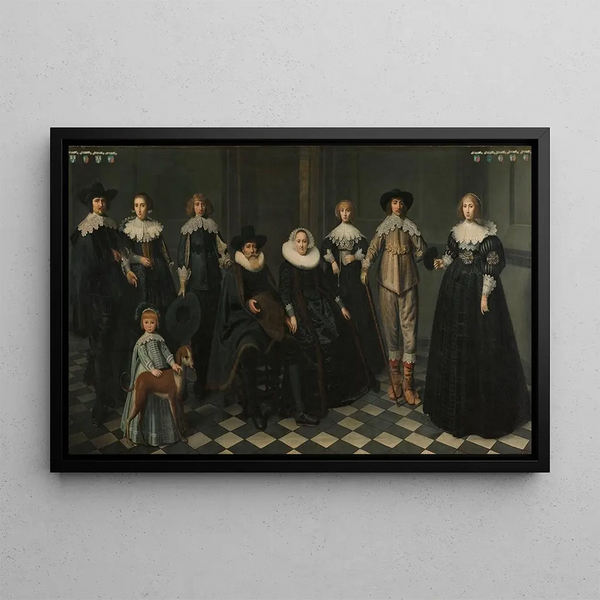Portrait of the Dirck Bas Jacobsz Family, Mayor of Amsterdam - Dirck Dircksz van Santvoort — framed artwork on a wall