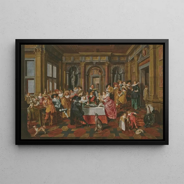 a joyful company in a sumptuous interior with musicians and backgammon players - Dirck Hals — framed artwork on a wall