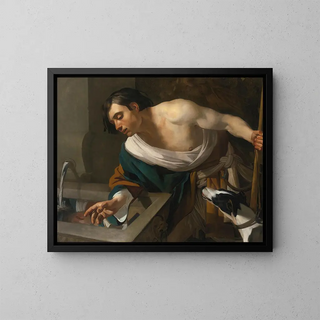 Narcisse contemplant son reflet - Dirck van Baburen — framed artwork on a wall