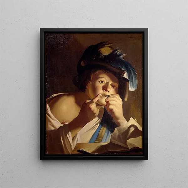 Young man with a harmonica - Dirck van Baburen — framed artwork on a wall