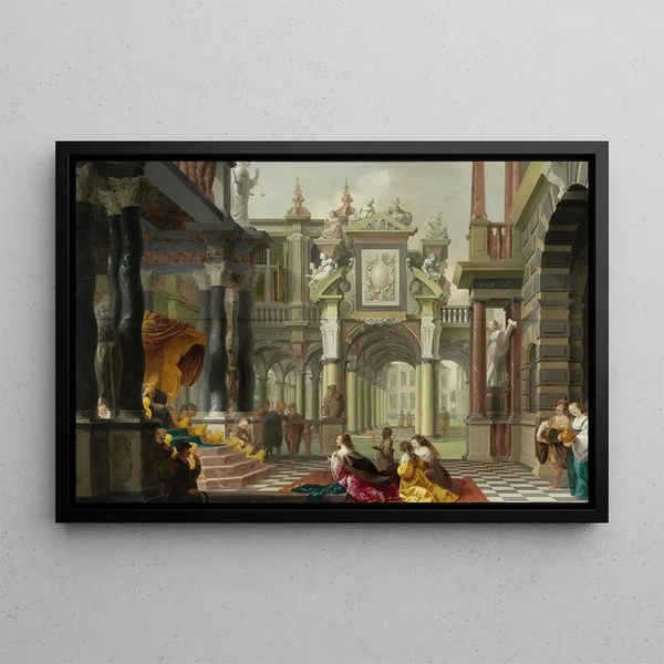 Solomon receiving the Queen of Sheba - Dirck van Delen — framed artwork on a wall
