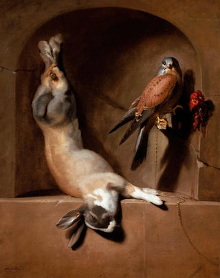 Still life with hare and dead falcon in a niche - Dirck de Bray — artwork view