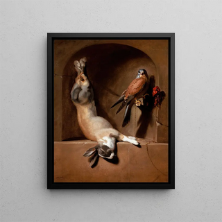 Still life with hare and dead falcon in a niche - Dirck de Bray — framed artwork on a wall