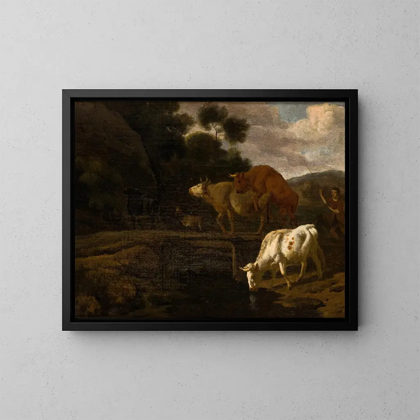 Cows on a Pedestrian Bridge - Dirck van Bergen — framed artwork on a wall