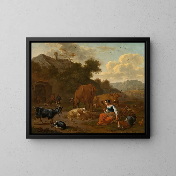 Landscape with a Spinning Woman and Livestock - Dirck van Bergen — framed artwork on a wall