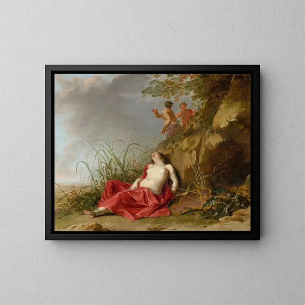 a sleeping hunt nymph - Dirck van der Lisse — framed artwork on a wall