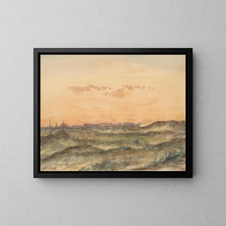 Landscape painting with the silhouette of a city in the background - Dirk Arnoldus Tavenraat — framed artwork on a wall