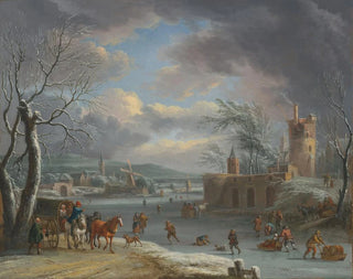 a winter landscape with figures skating on a frozen river - Dirk Dalens III — artwork view
