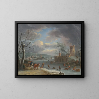 a winter landscape with figures skating on a frozen river - Dirk Dalens III — framed artwork on a wall