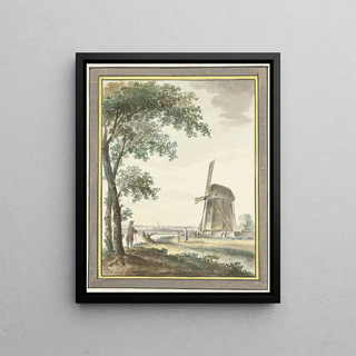 Landscape Painting with a Mill - Dirk Kuipers — framed artwork on a wall