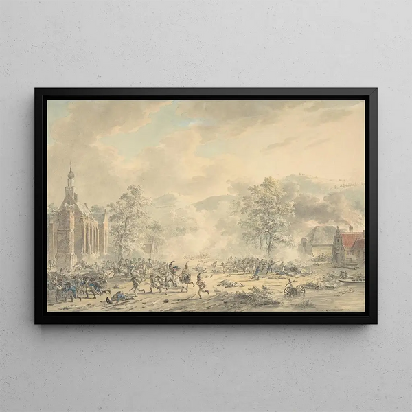 Battle scene with church on the left - Dirk Langendijk — framed artwork on a wall
