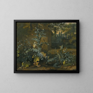 Chardons, plants of undergrowth and other vegetation in a park with frogs, butterflies and snails - Dirk Maas — framed artwork on a wall