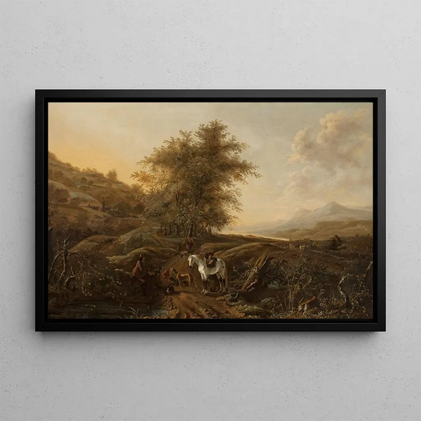 Landscape with Hunters - Dirk Stoop — framed artwork on a wall