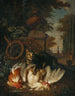 a cat attacking chickens with a basket, a rake, and a knife - Dirk Valkenburg — artwork view