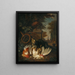 a cat attacking chickens with a basket, a rake, and a knife - Dirk Valkenburg — framed artwork on a wall
