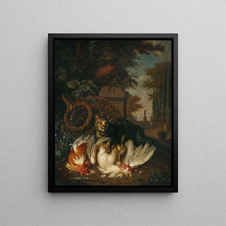 a cat attacking chickens with a basket, a rake, and a knife - Dirk Valkenburg — framed artwork on a wall