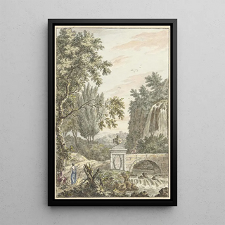 Reproduction of the painting Landscape painting of wooded arcadian scene with a waterfall, a bridge, and three young men - Dirk Versteegh