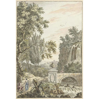 Reproduction of the painting Landscape painting of wooded arcadian scene with a waterfall, a bridge, and three young men - Dirk Versteegh