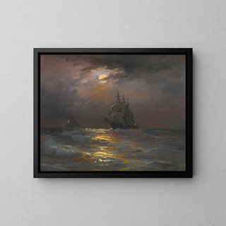 En haute mer au clair de lune - Diyarbakirli Tahsin — framed artwork on a wall