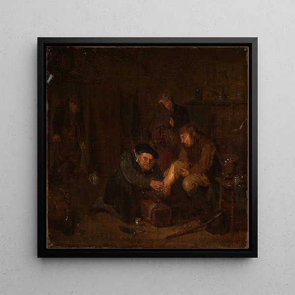 Doctor bandaging a man's leg - Egbert Van Heemskerck — framed artwork on a wall