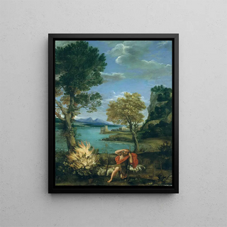 Landscape with Moses and the Burning Bush - Domenichino — framed artwork on a wall