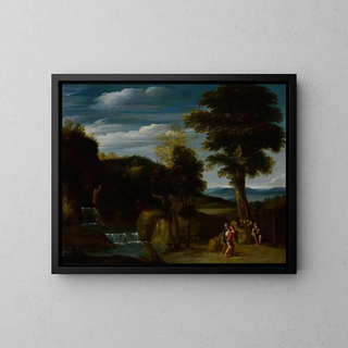 Landscape Painting with a Hermit - Domenichino — framed artwork on a wall