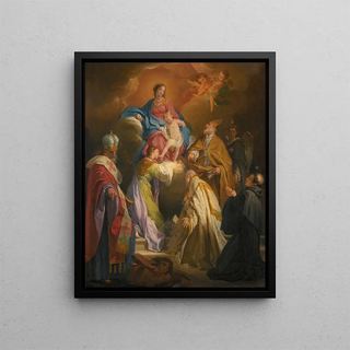 The Virgin and Child with Saints and Bishops - Domenico Corvi — framed artwork on a wall