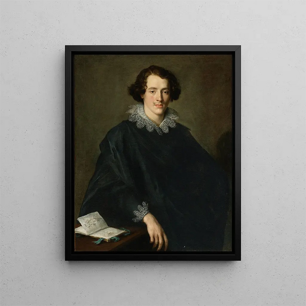 Portrait of a young man with a sketchbook in Genoa - Domenico Fiasella — framed artwork on a wall