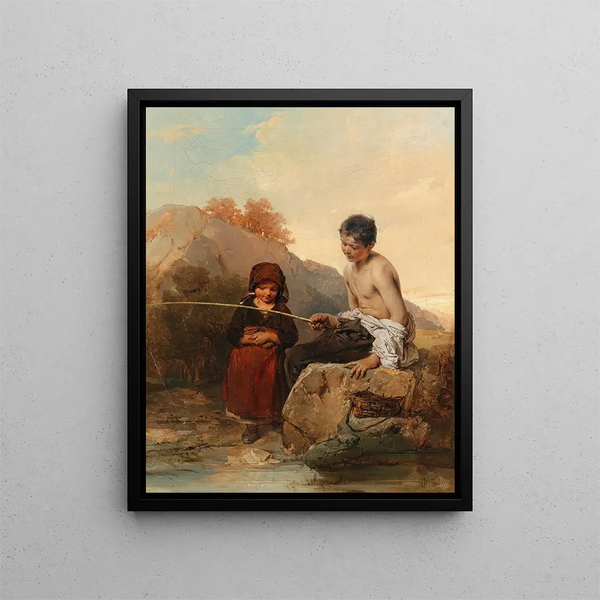 Les jeunes pêcheurs - Domenico Induno — framed artwork on a wall