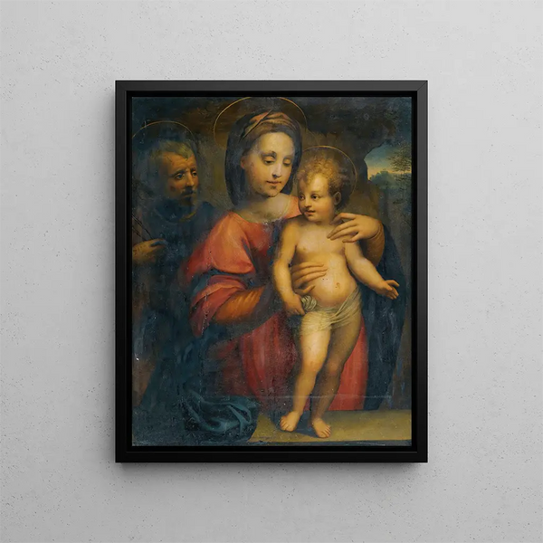The Holy Family with the Madonna supporting the standing Child Jesus on a stone ledge - Domenico Puligo — framed artwork on a wall
