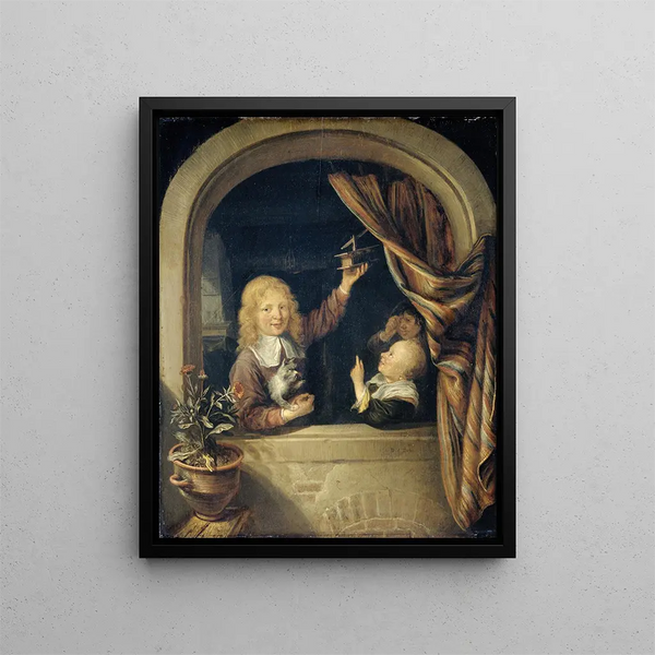 Children with a mousetrap - Domenicus van Tol — framed artwork on a wall
