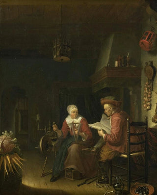 Interior painting with a man reading and a woman spinning wool - Domenicus van Tol — artwork view