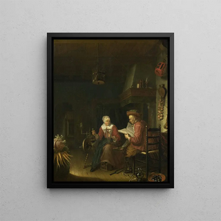Interior painting with a man reading and a woman spinning wool - Domenicus van Tol — framed artwork on a wall