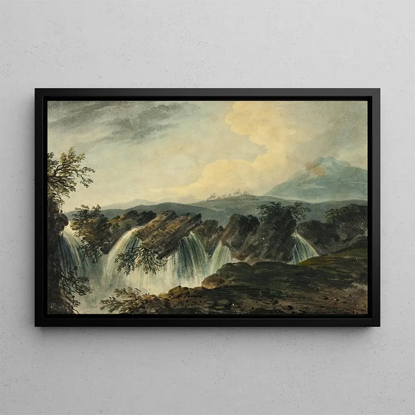 Caravan of camels crossing the plain above the waterfall - Dominic Serres — framed artwork on a wall