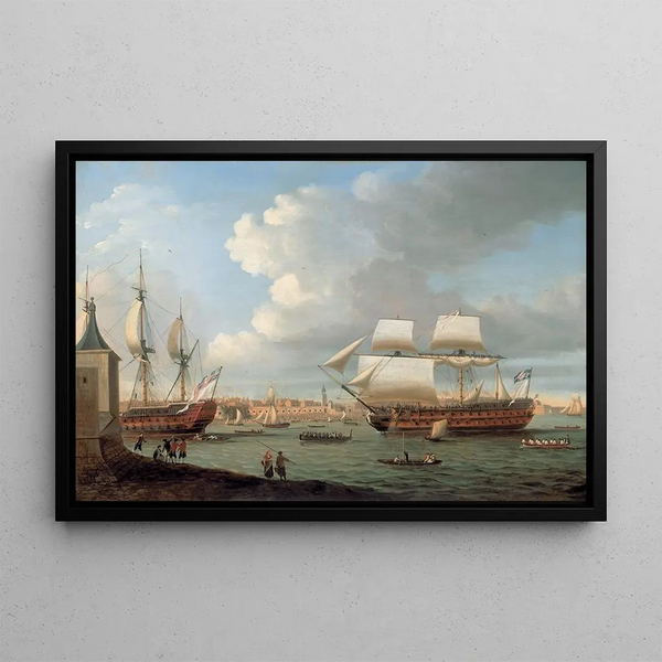 The Foudroyant and Pegasus entering Portsmouth Harbour 1782 - Dominic Serres — framed artwork on a wall