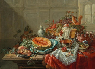 porcelain and silver objects, fruits and crustaceans on a table - Dominicus Gottfried Waerdigh — artwork view