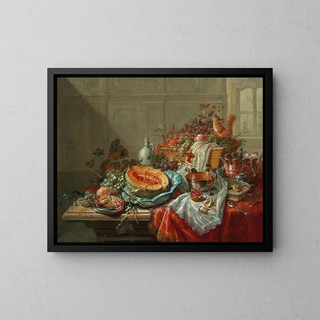 porcelain and silver objects, fruits and crustaceans on a table - Dominicus Gottfried Waerdigh — framed artwork on a wall