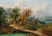 Mountain landscape painting with a traveler on a wooden bridge - Dominik Schufried — artwork view