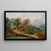 Mountain landscape painting with a traveler on a wooden bridge - Dominik Schufried — framed artwork on a wall