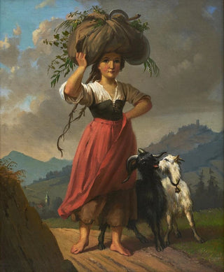 Country Scene Painting with Two Goats Carrying a Bunch of Hay - Dominik Weber — artwork view