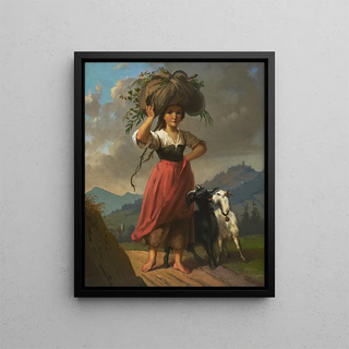Country Scene Painting with Two Goats Carrying a Bunch of Hay - Dominik Weber — framed artwork on a wall