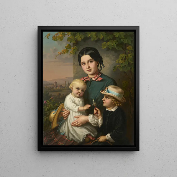 Portrait of a Young Woman with Two Children - Dominik Weber — framed artwork on a wall
