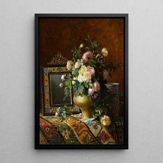 Still life with a bouquet of roses in an Ottoman vase - Dominique Hubert Rozier — framed artwork on a wall