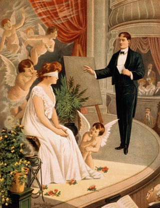 Hypnotist and woman with blindfolded eyes with angels on stage - Donaldson Lith & Co.. — artwork view