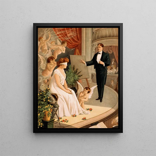 Hypnotist and woman with blindfolded eyes with angels on stage - Donaldson Lith & Co.. — framed artwork on a wall