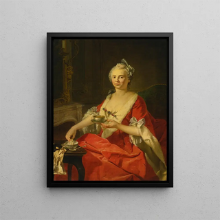 Portrait of a woman having tea - Donat Nonnotte — framed artwork on a wall