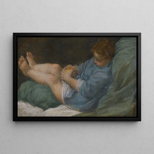 a sleeping boy holding an apple - Donato Creti — framed artwork on a wall