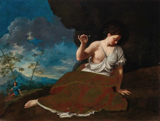 a painting of a young woman holding a long flower in a landscape, a young man in the distance. - Donato Creti — artwork view